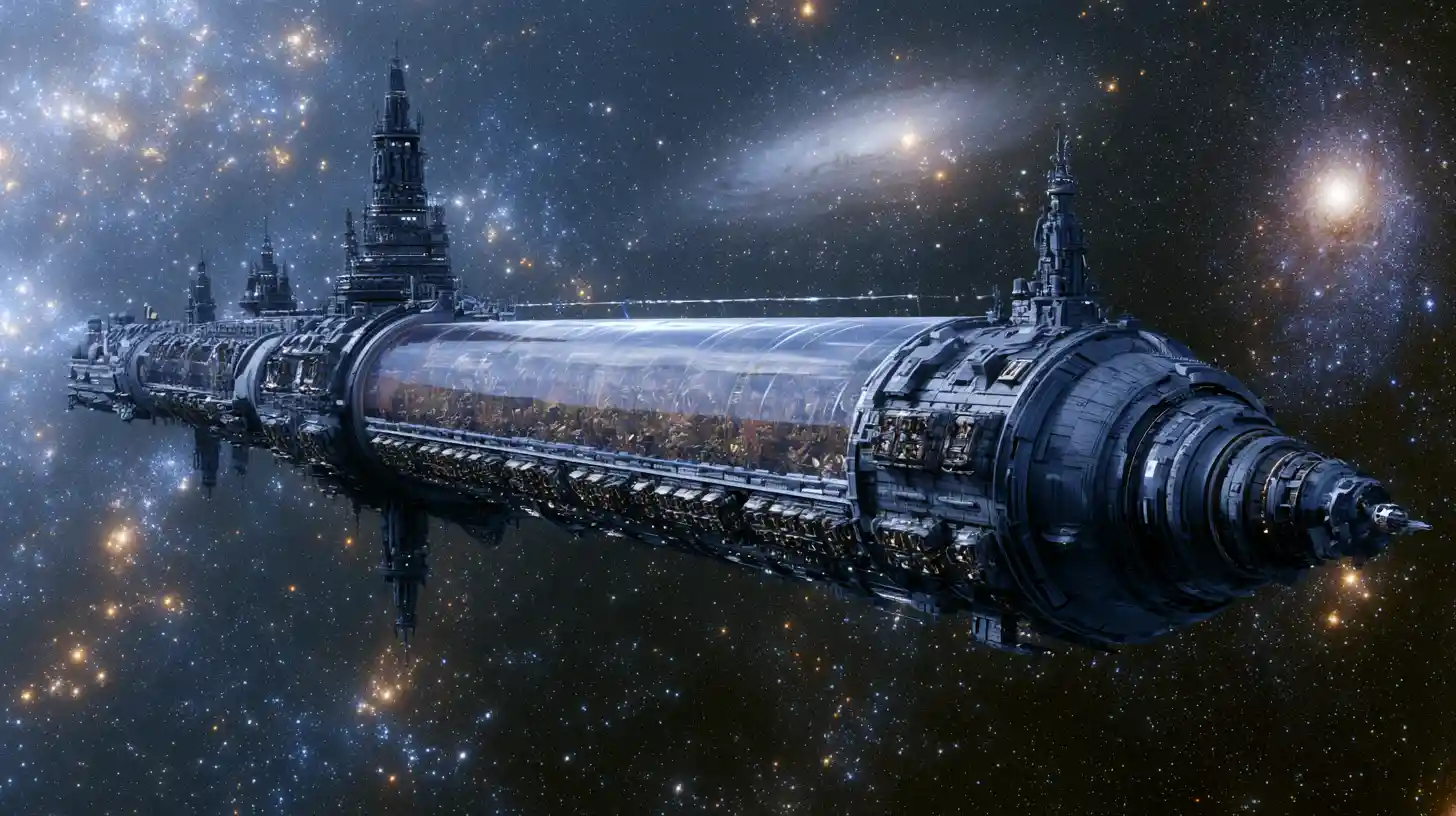 Colossal generational starship gliding through deep space