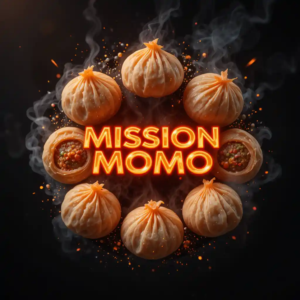 Neon Mission Momo logo with steaming dumplings circle