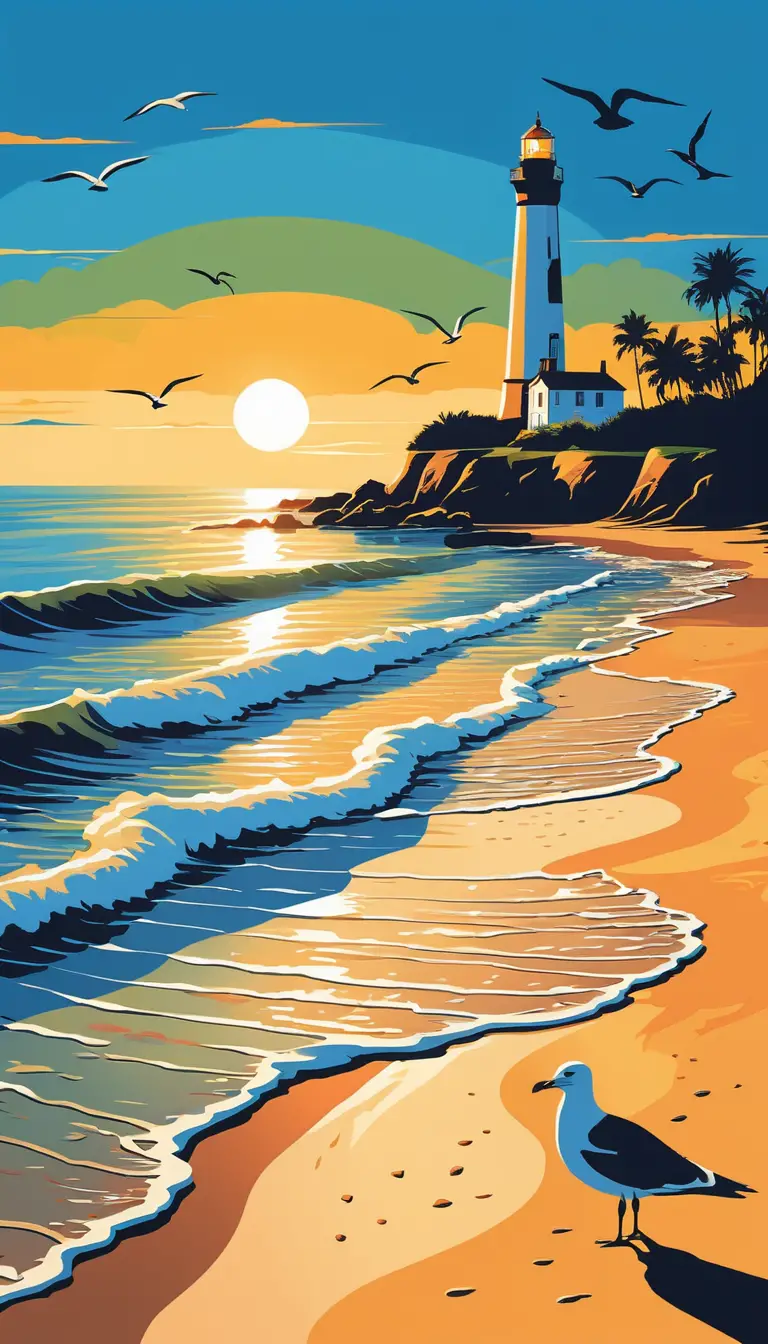 Peaceful Beach Sunset With Distant Lighthouse Silhouette