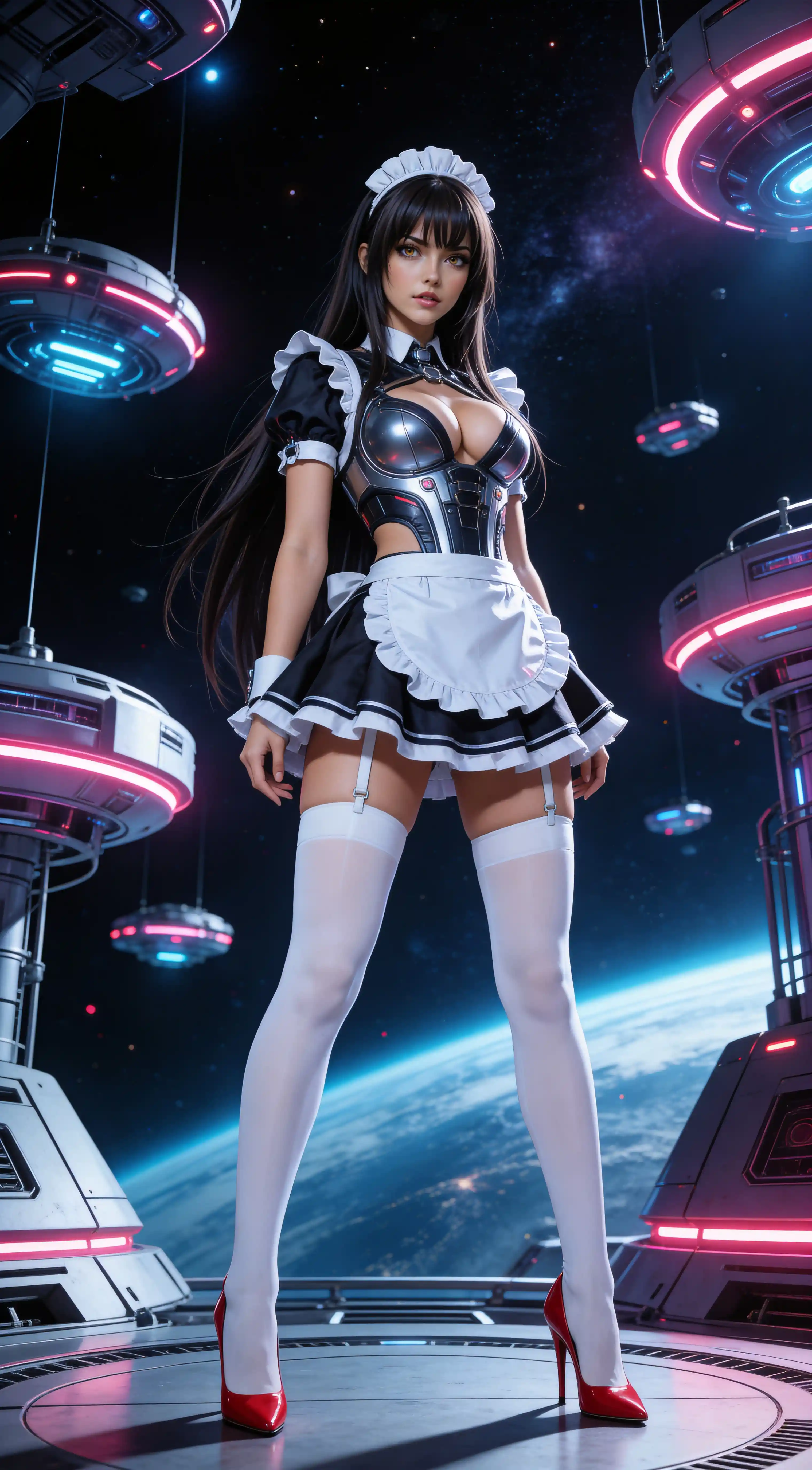 Seductive sci fi woman in revealing maid uniform