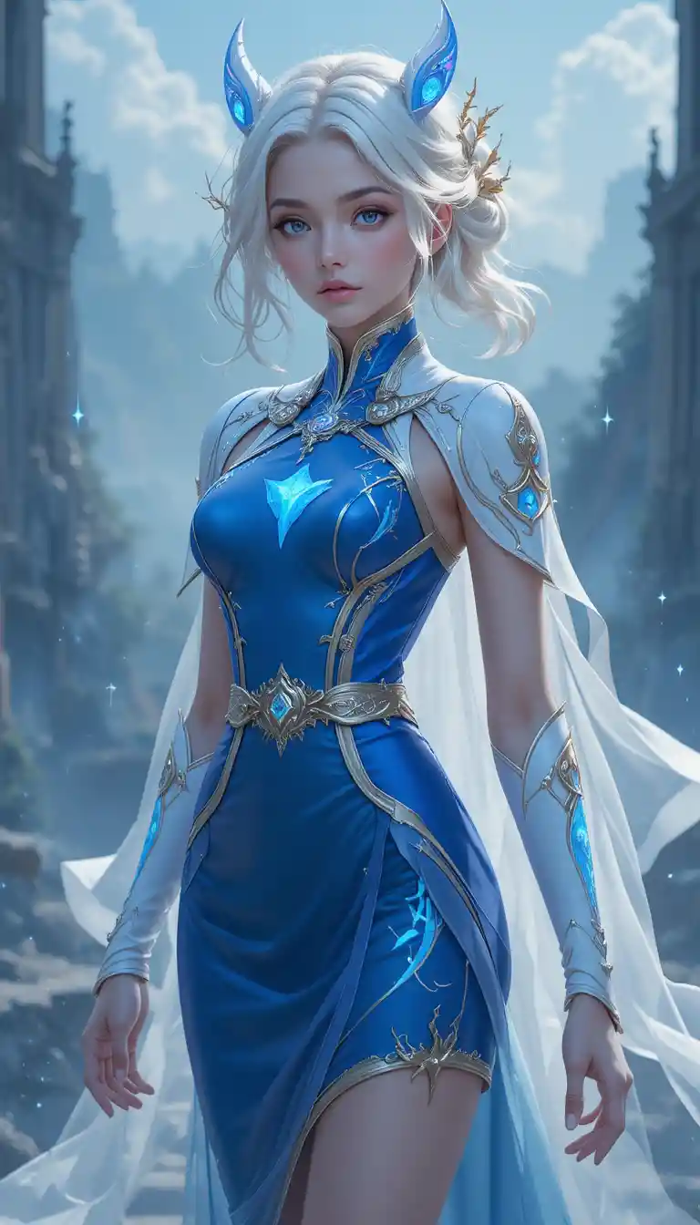 Young anime girl with glowing blue antler horns