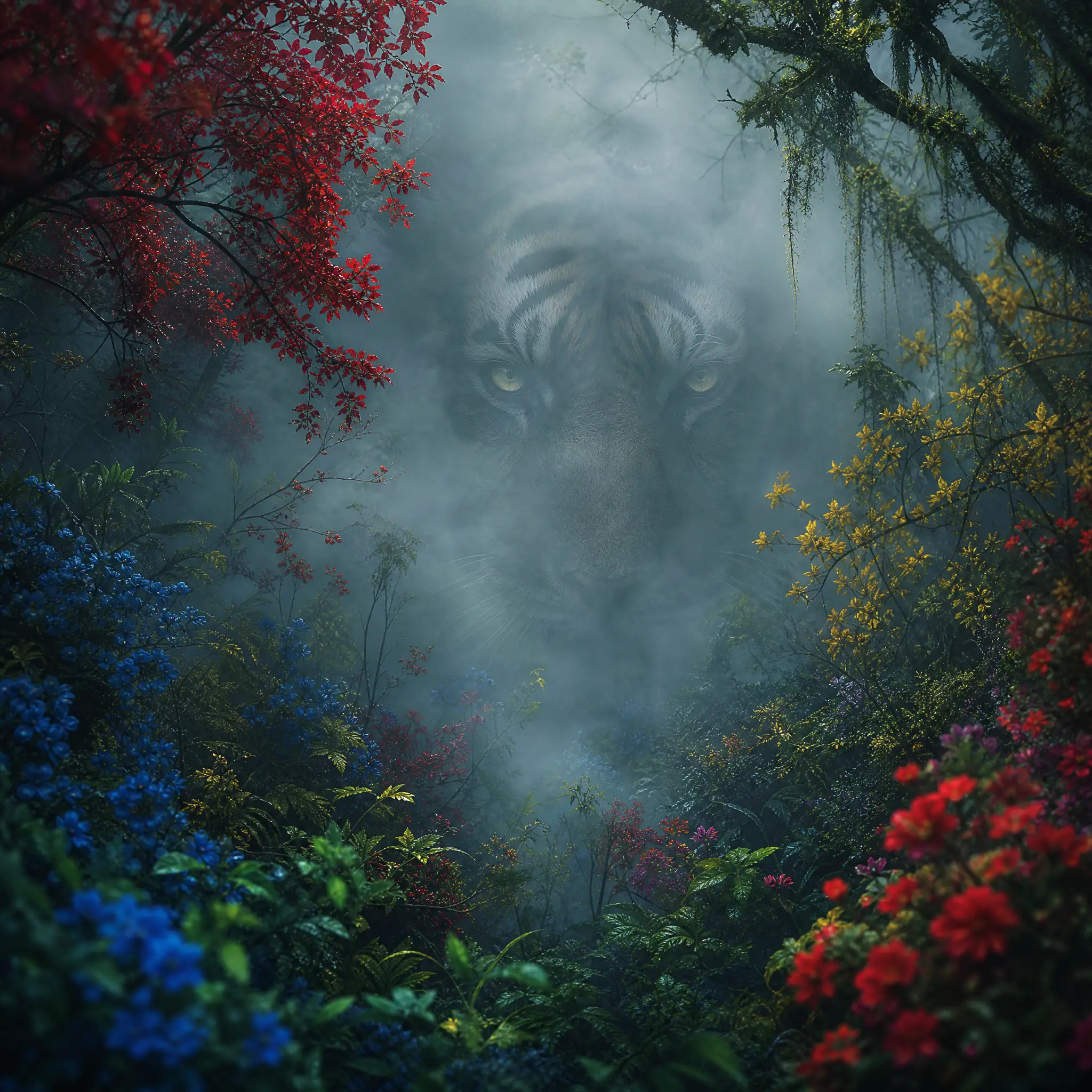 Volto di tigre che emerge dalla nebbia in una foresta incantata