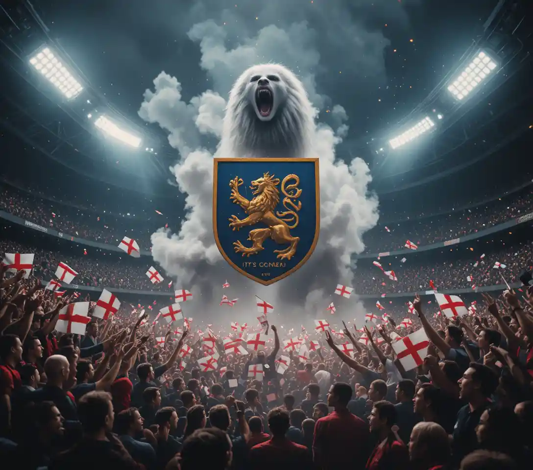 Roaring white lion above England fans in stadium