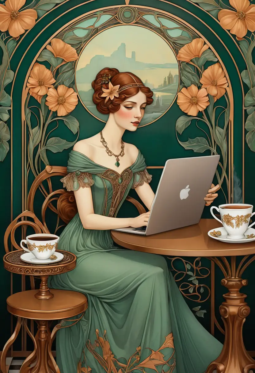 Elegant art nouveau woman working at a cafe table