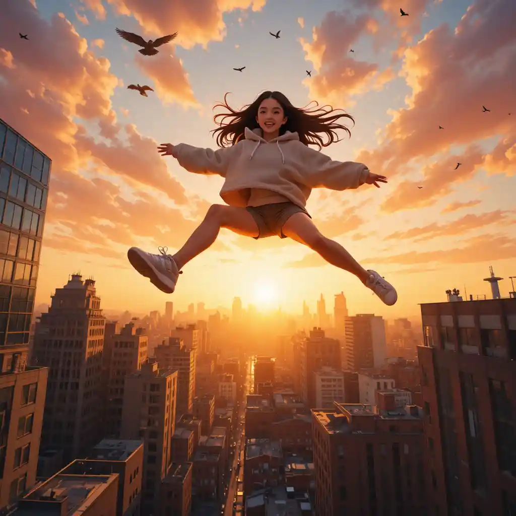 Athletic anime woman leaping between skyscrapers at sunset