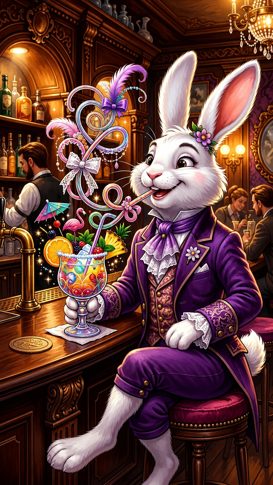 Anthropomorphic rabbit in a victorian suit enjoying a cocktail