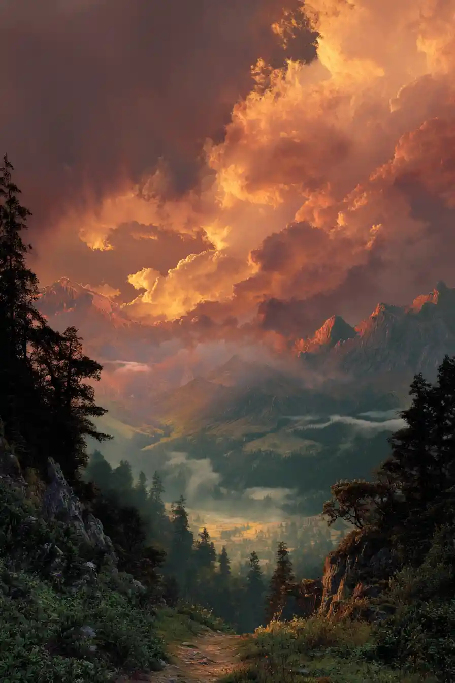 Dramatic mountain landscape beneath heart shaped swirling clouds