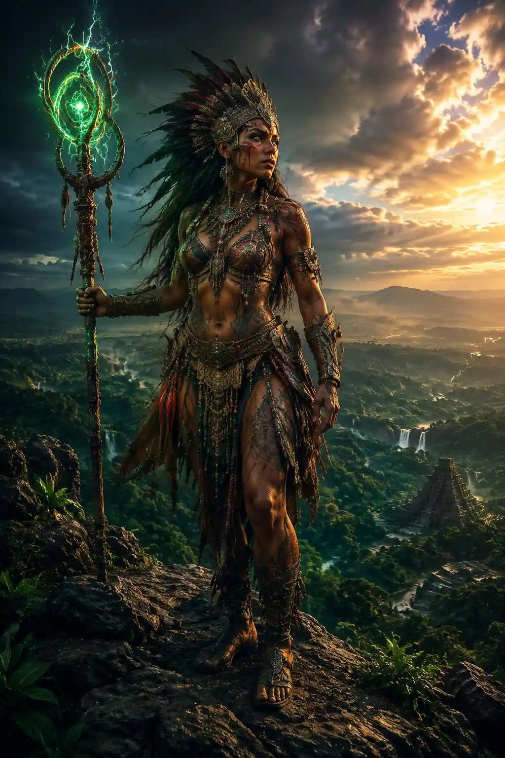 Amazonian sorceress on a mountain above mystical forest