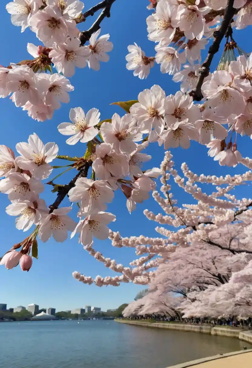 Close up cherry blossoms by the tidal basin in sunlight
