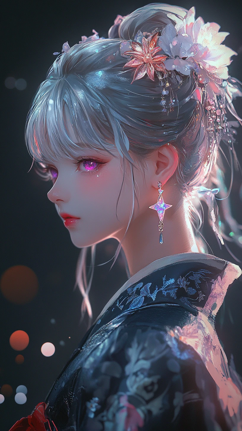 Silberhaariges Anime-Mädchen im Kimono mit leuchtenden Accessoires