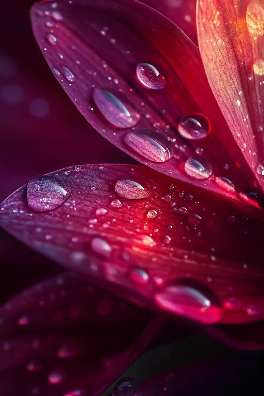 Gigantic glowing flower petals with sparkling crystal raindrops