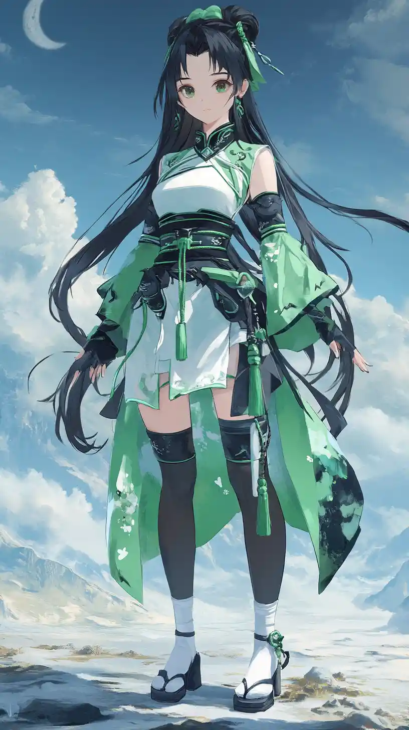 Anime girl in flowing green shirt and moonlit white skirt
