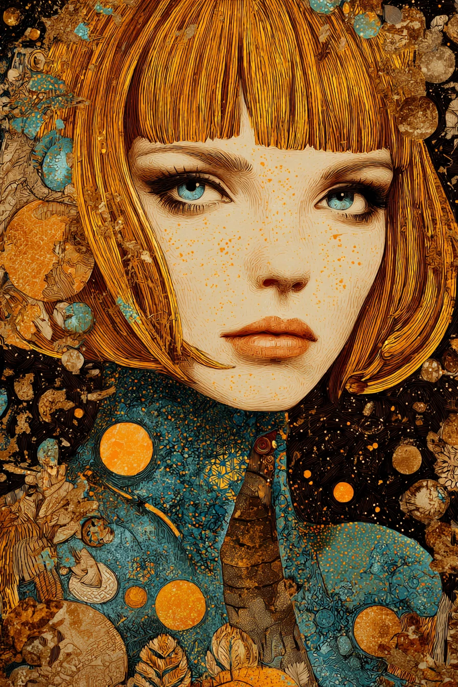 Surreal woolen portrait of a woman in a strange world