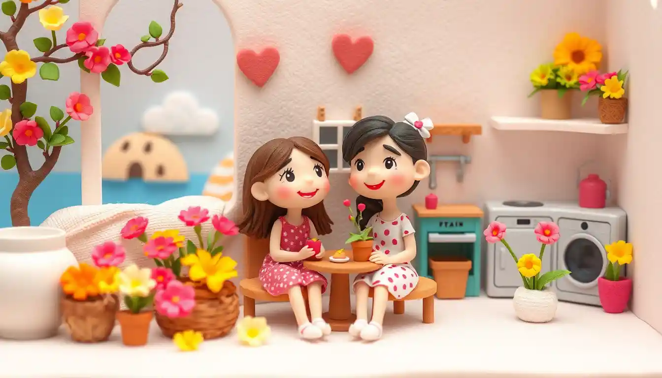 Whimsical Tiny Girl With Flowers In A Colorful Coastal Village