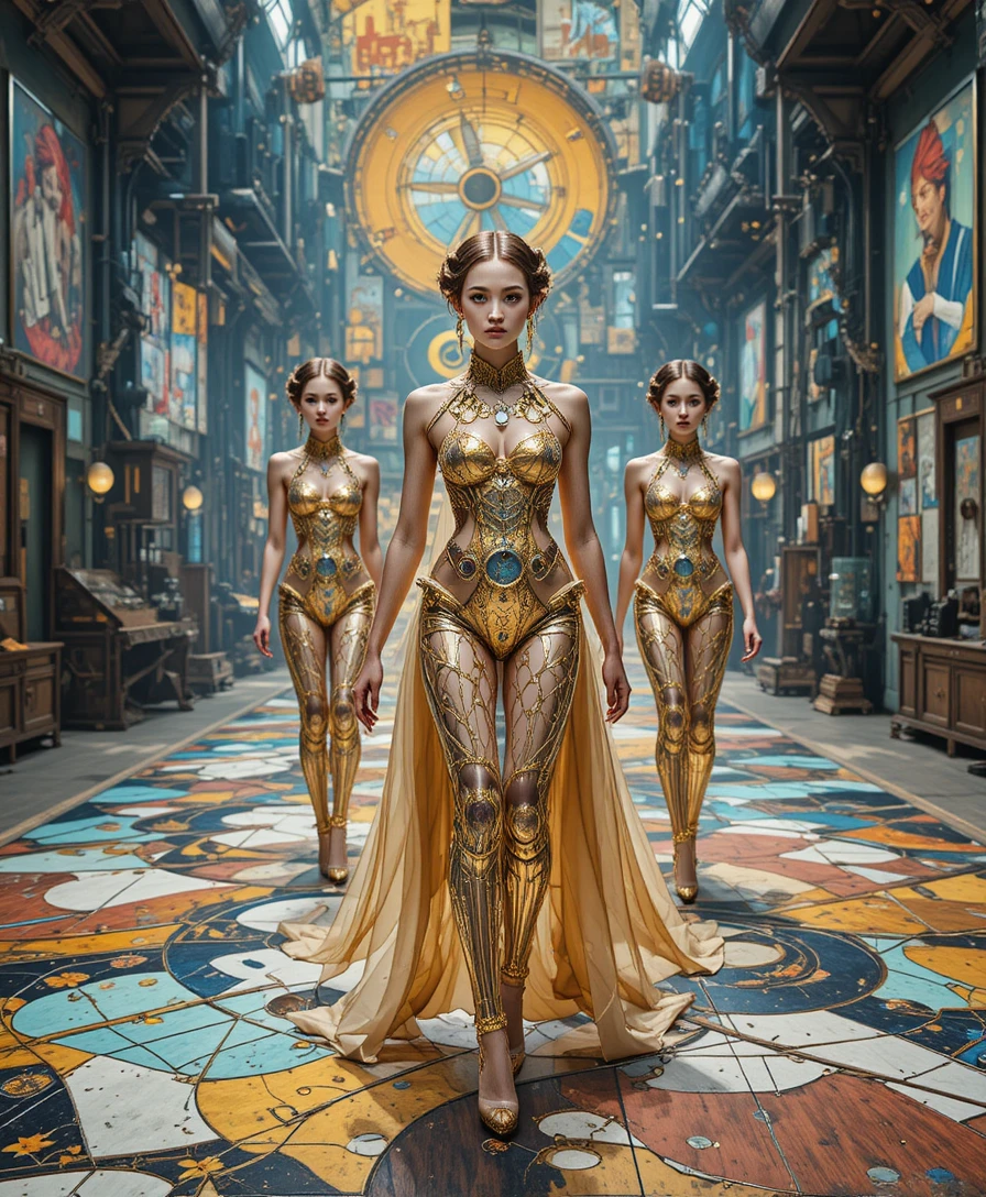 Futuristic victorian fashion show in a surreal village