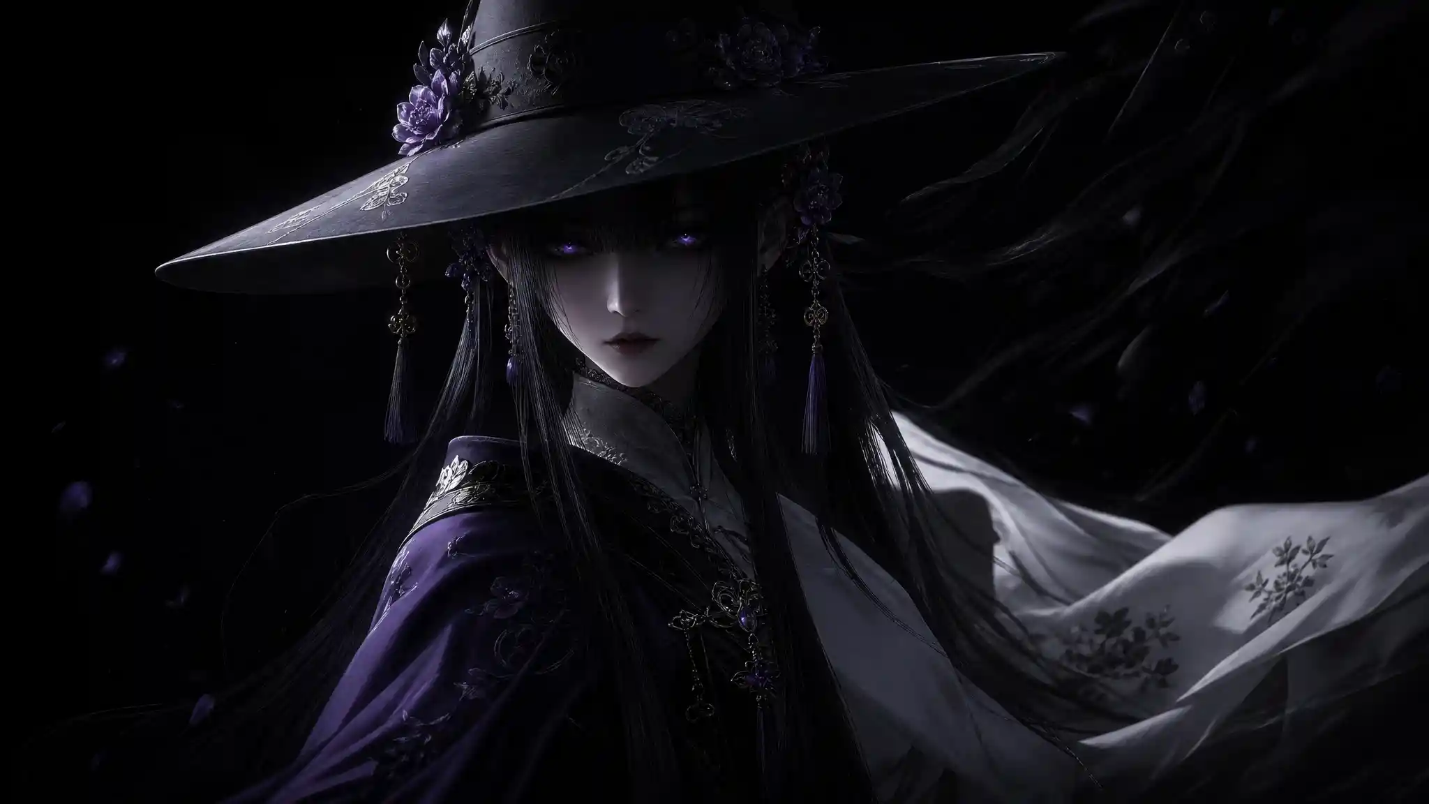 Young maiden in wide brim hat amid deep darkness