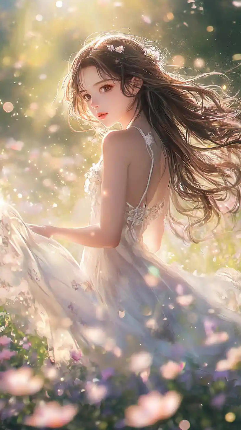 Anime girl twirling in a dreamy flower meadow