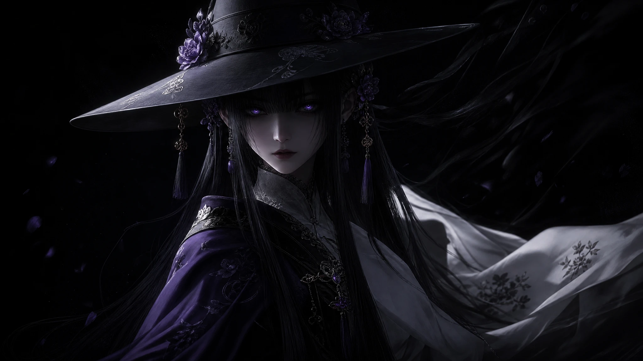 Young maiden in wide brim hat amid deep darkness
