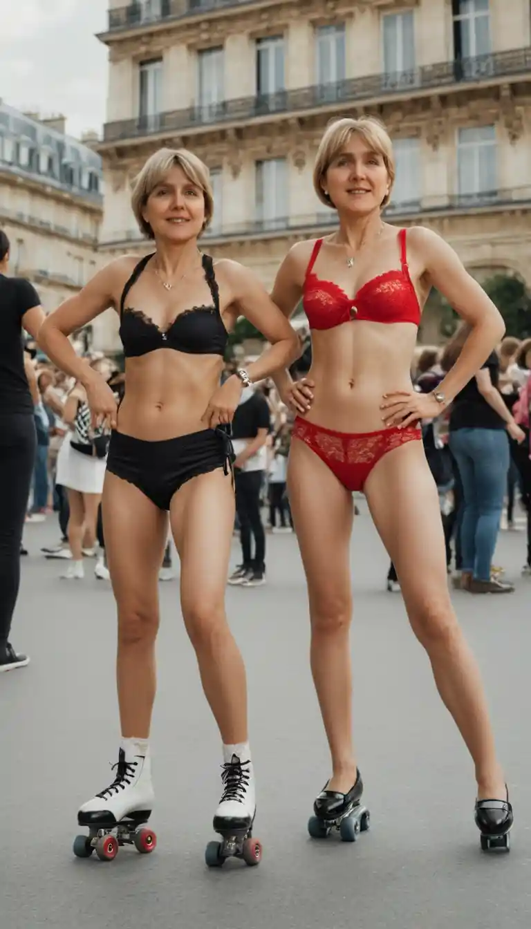 Two women on roller skates in a busy Paris square