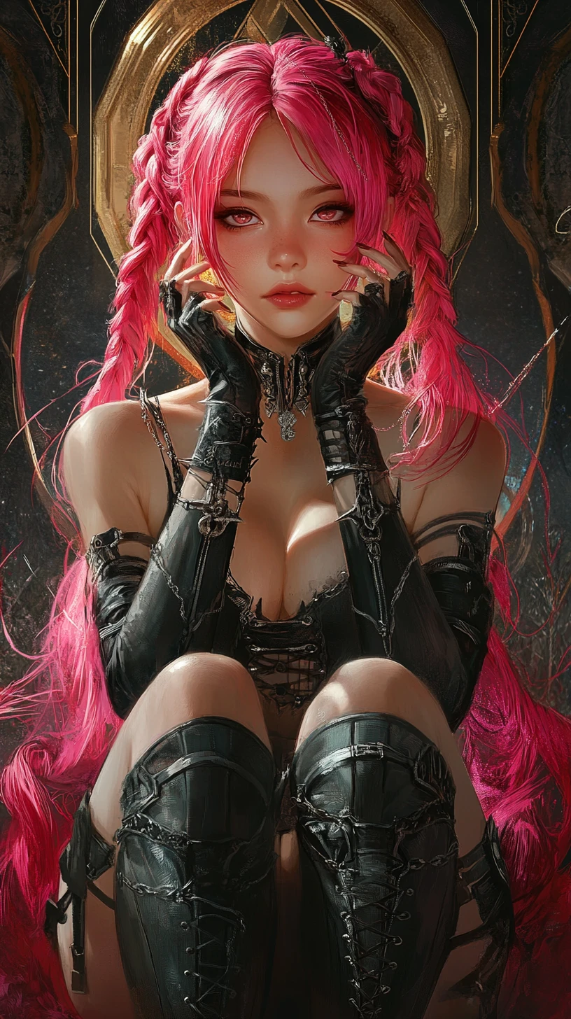 Pink haired gothic anime girl with chains and braids