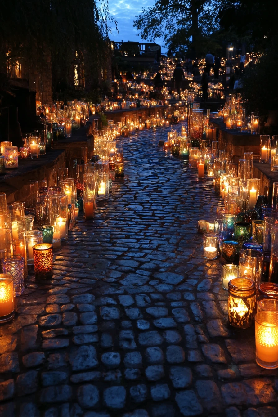 Endless candles lighting an enchanted cobblestone pathway at sunset