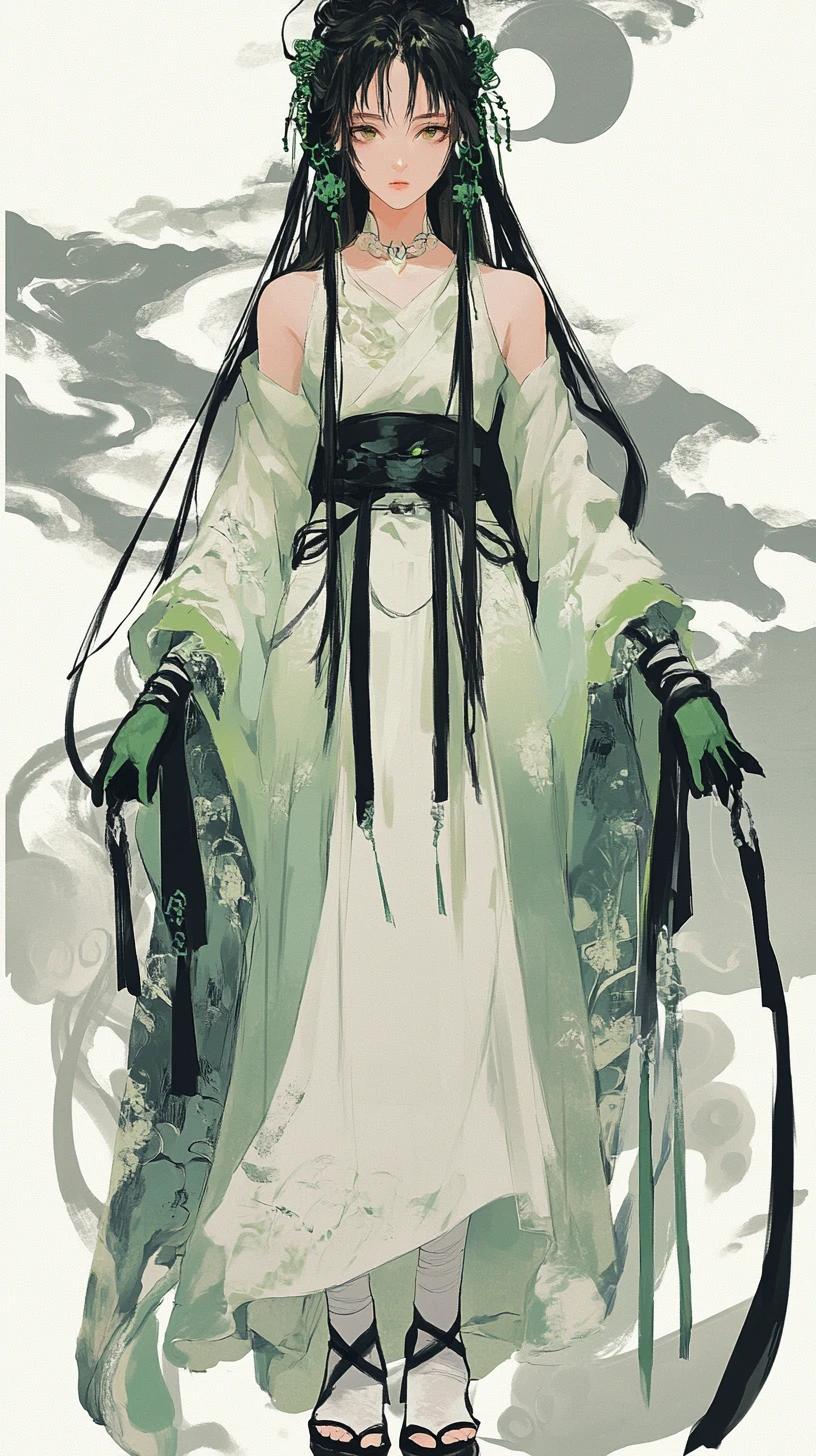 Chica de anime con largo cabello negro ondulante y traje verde estampado