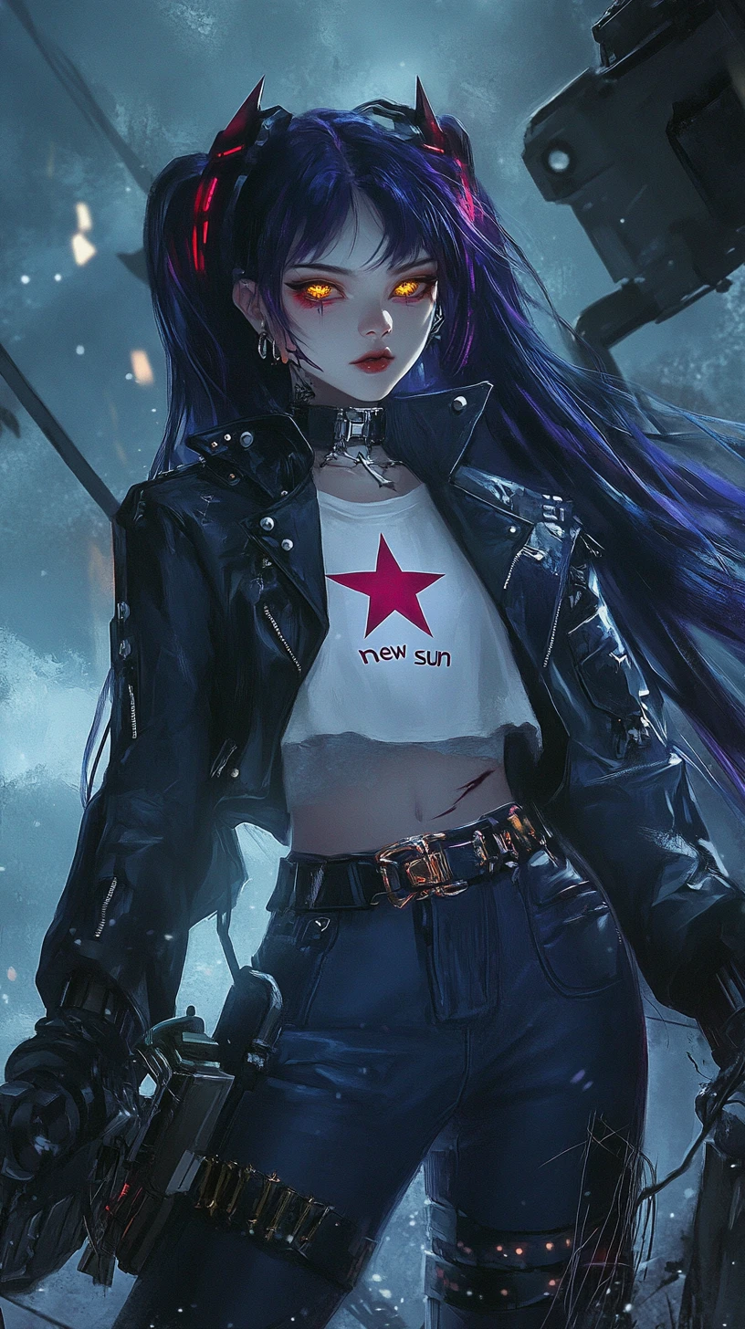 Anime girl with bat and long dark hair in streetwear