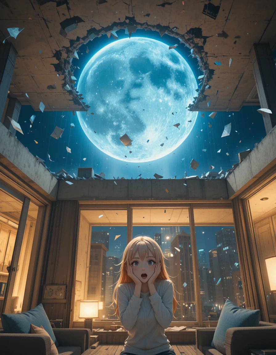 Anime girl watching a glowing moon crash through her roof
