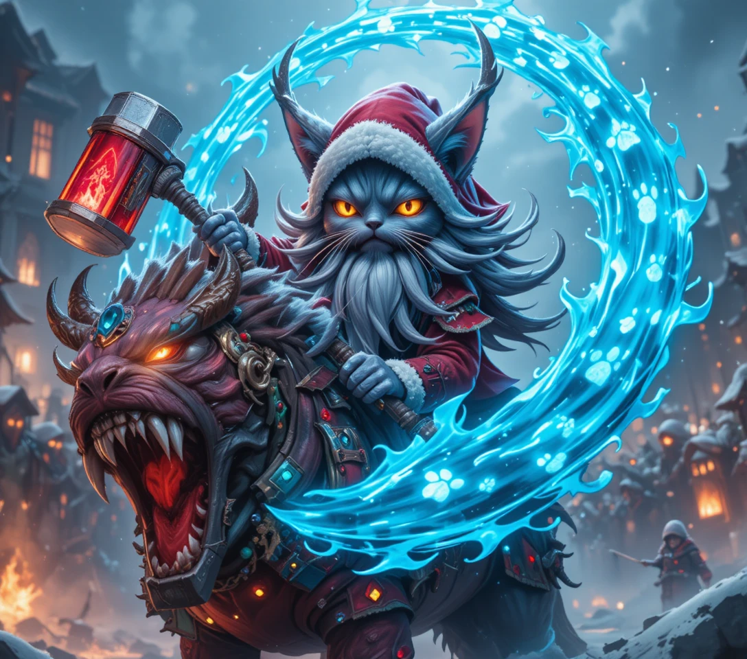 Runic santa cat leading a blazing Christmas battle charge