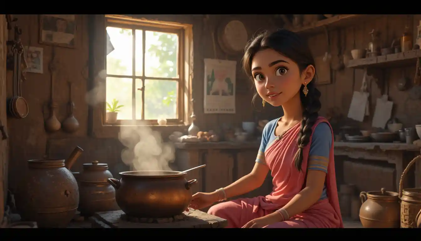 Young Indian woman cooking in a rustic village kitchen