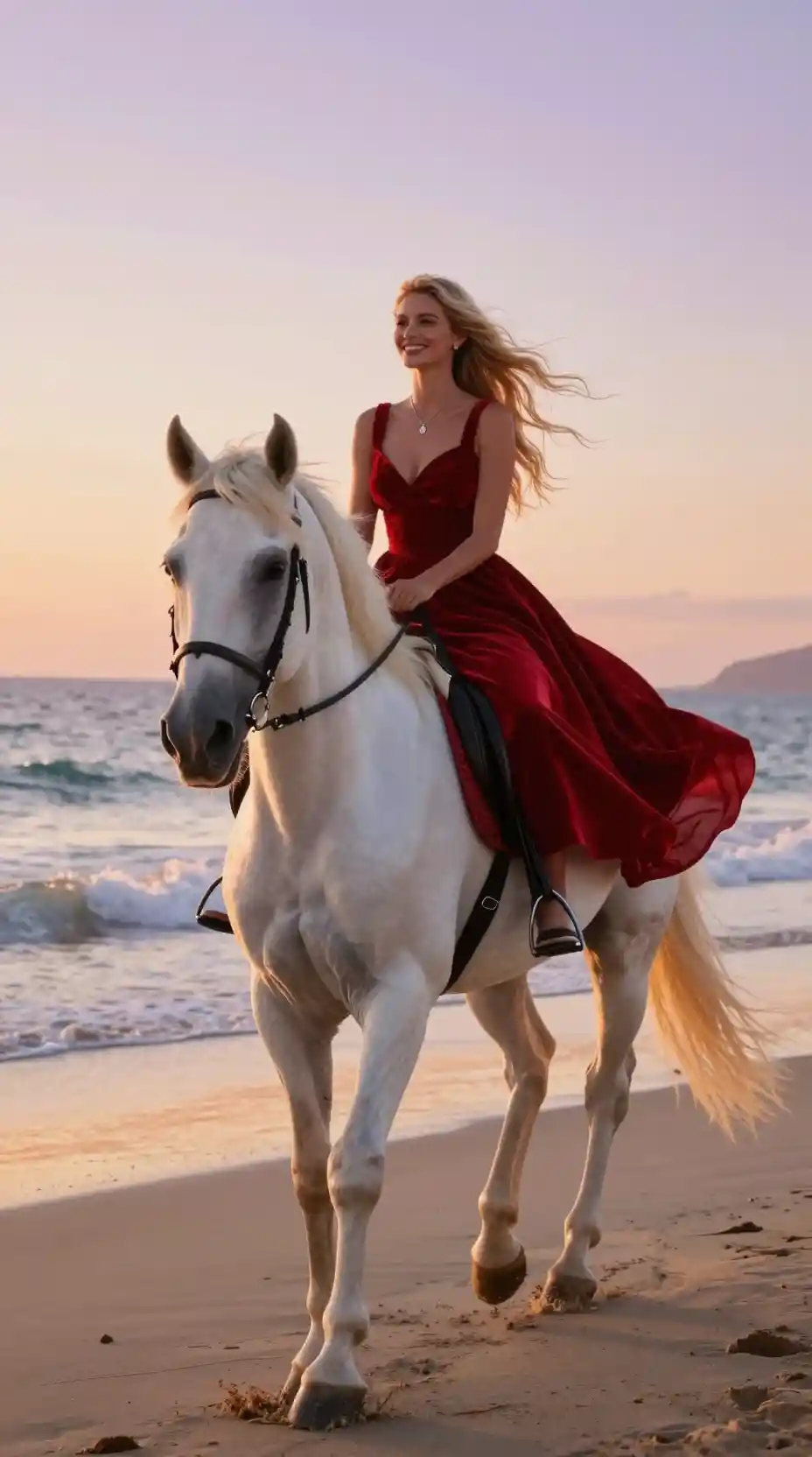Donna in abito rosso a cavallo di un cavallo bianco su una spiaggia al tramonto