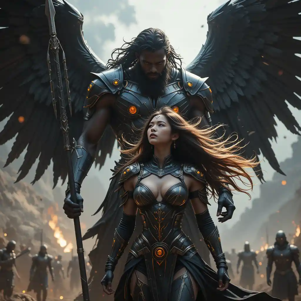 Archangel warrior hovering above apocalyptic battlefield