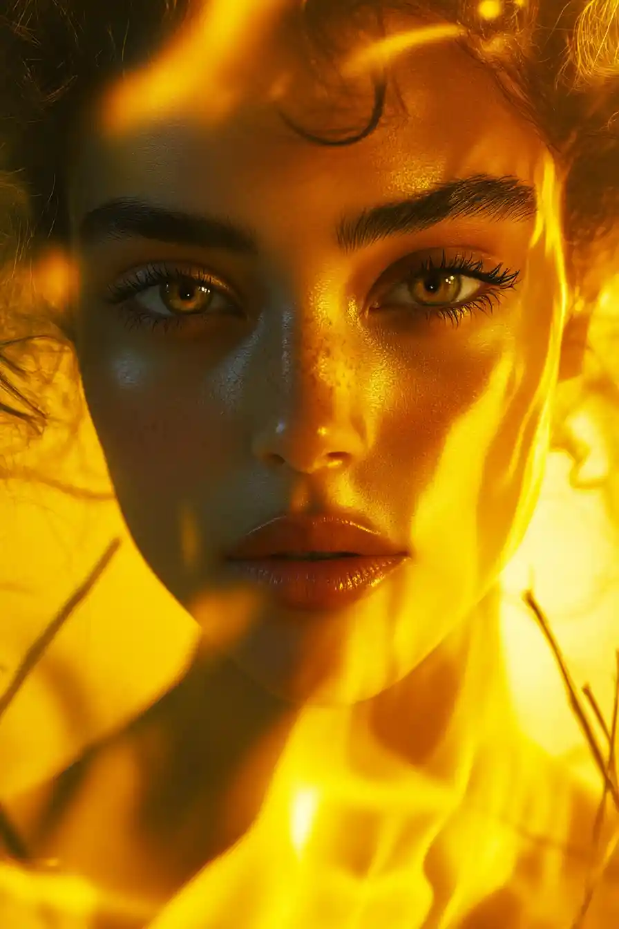 Glamorous woman close up with surreal yellow flame aura