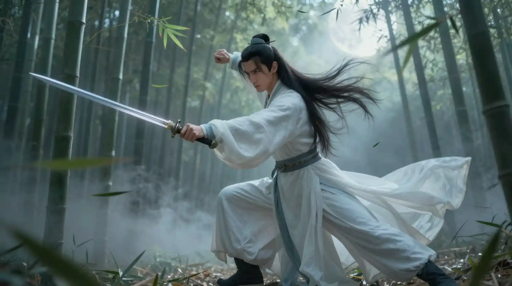 Young swordsman in a misty bamboo forest at night