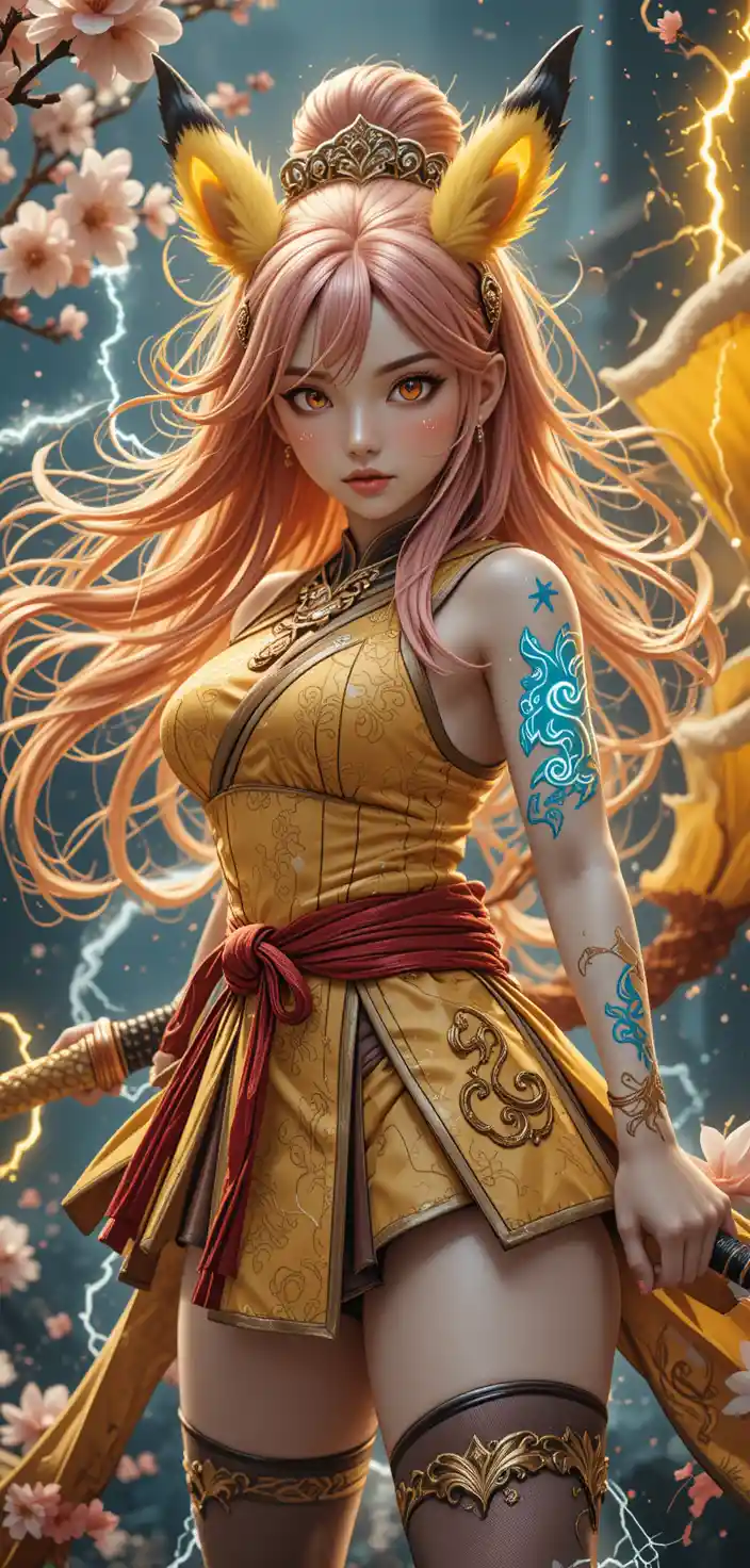 Anime warrior woman with glowing runes and electric katana