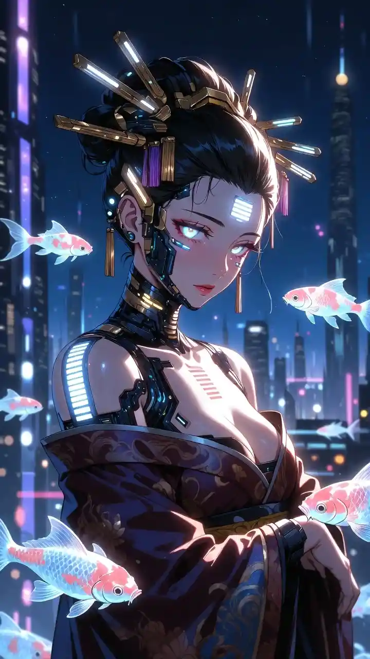 Futuristic bionic geisha with holographic koi at night