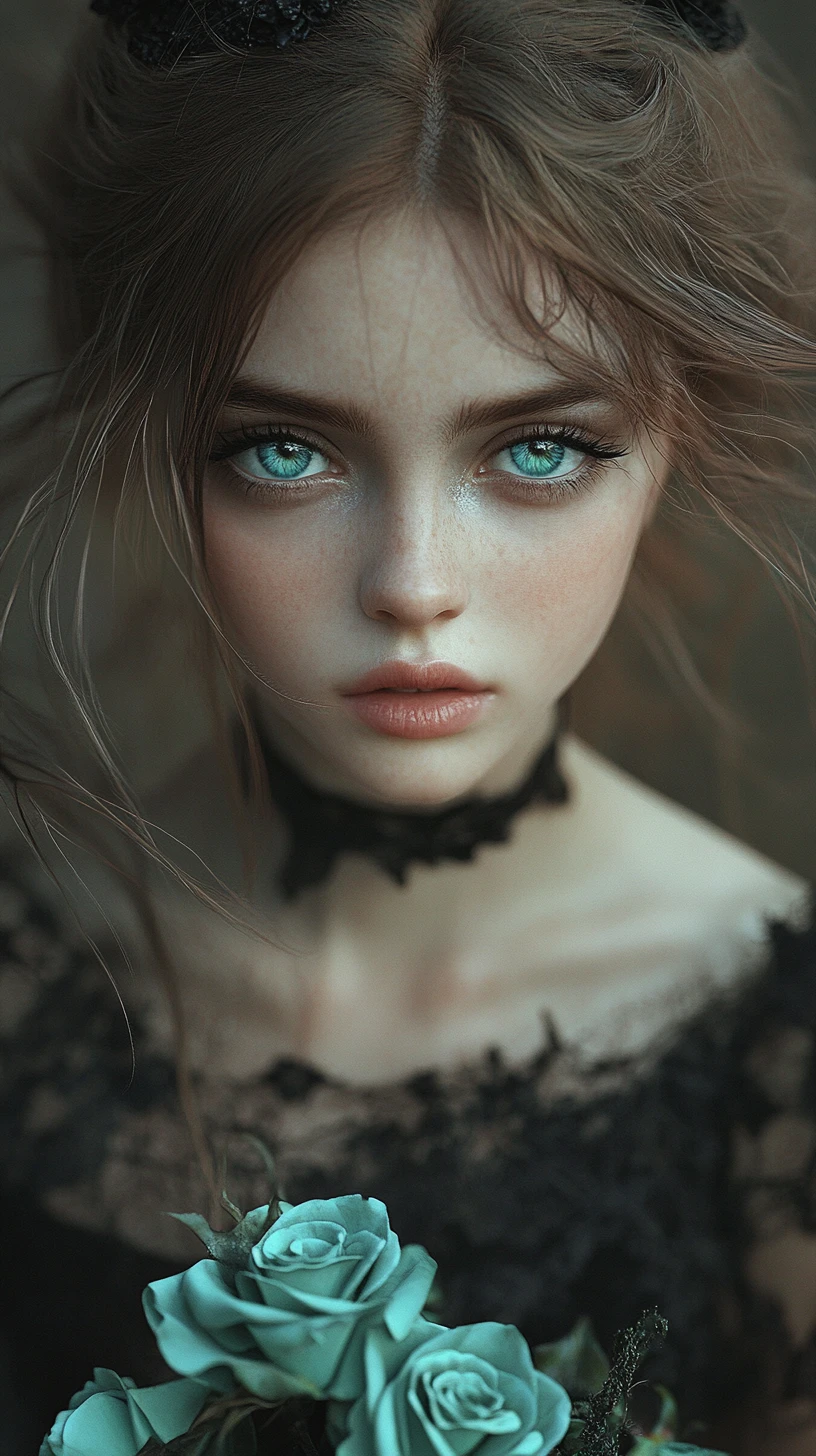 Melancholic fairy girl with teal roses in dark forest