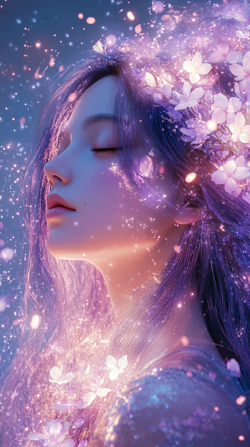 Anime woman with glowing lavender hair and cherry blossoms