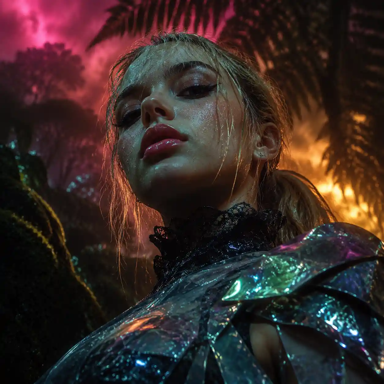 Emo girl in futuristic fashion against stormy forest sky