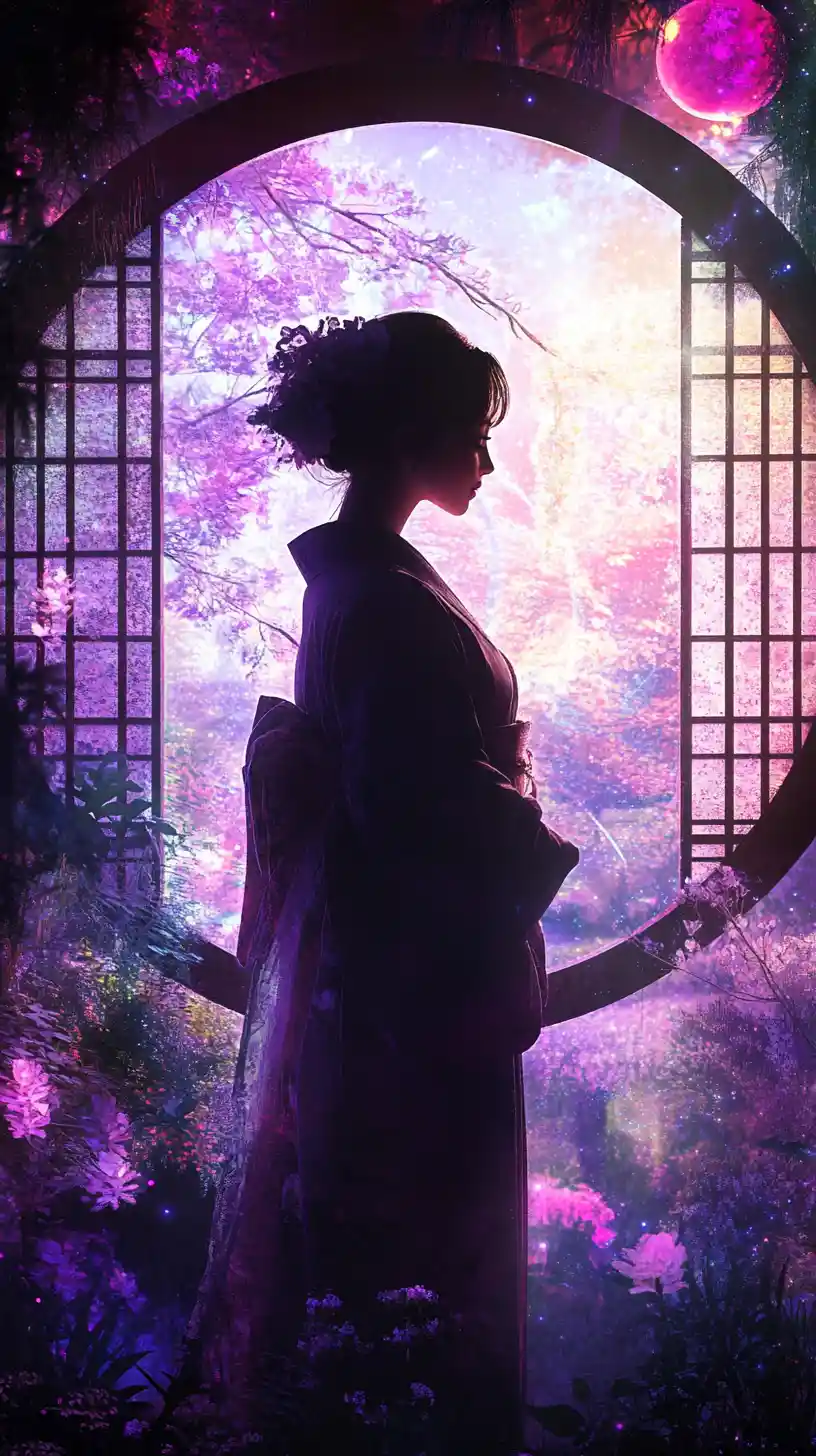 Woman in kimono framed by circular window in fantasy garden
