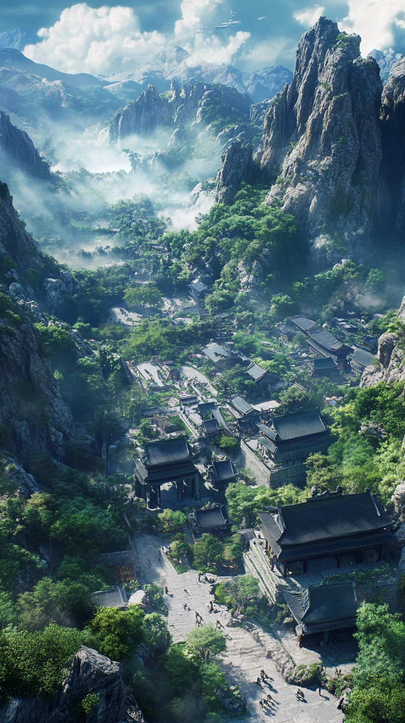Anime landscape of a mountain valley in Jingyu Valley