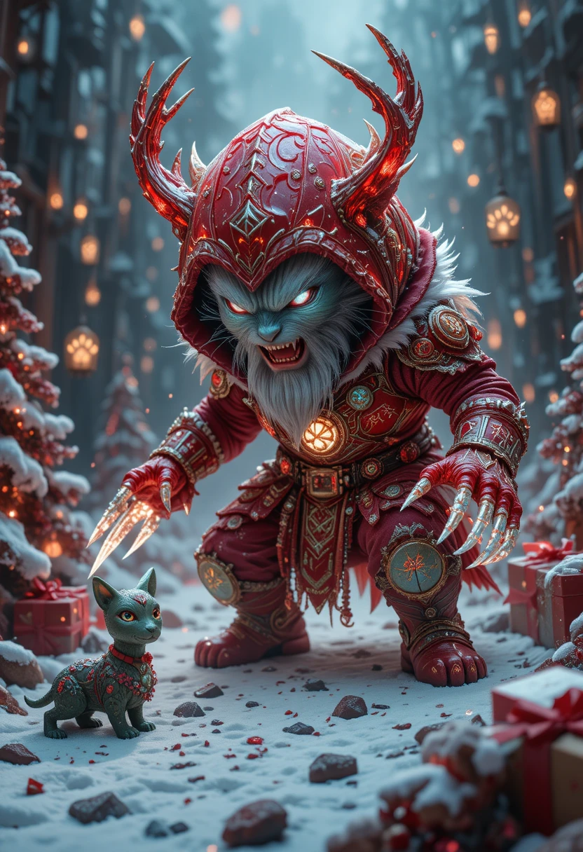 Runic crystal tabby cat warrior in red hooded armor