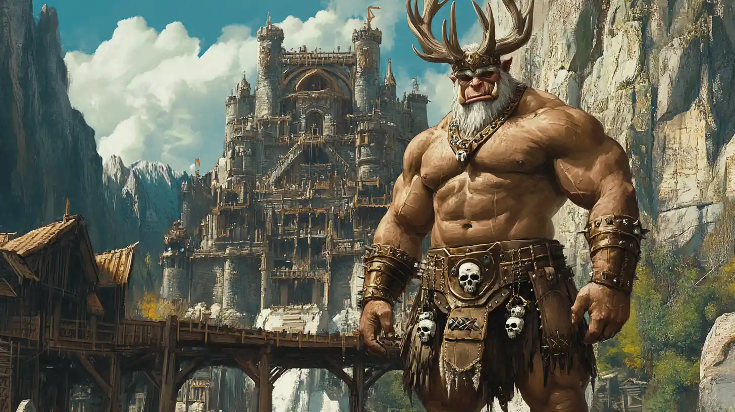 Mighty orc king before a vast mountain fortress