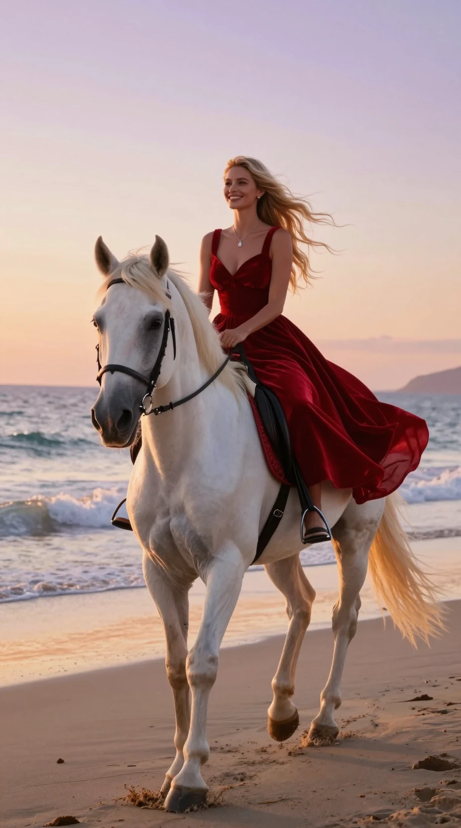 Woman in red dress riding white horse on sunset beach