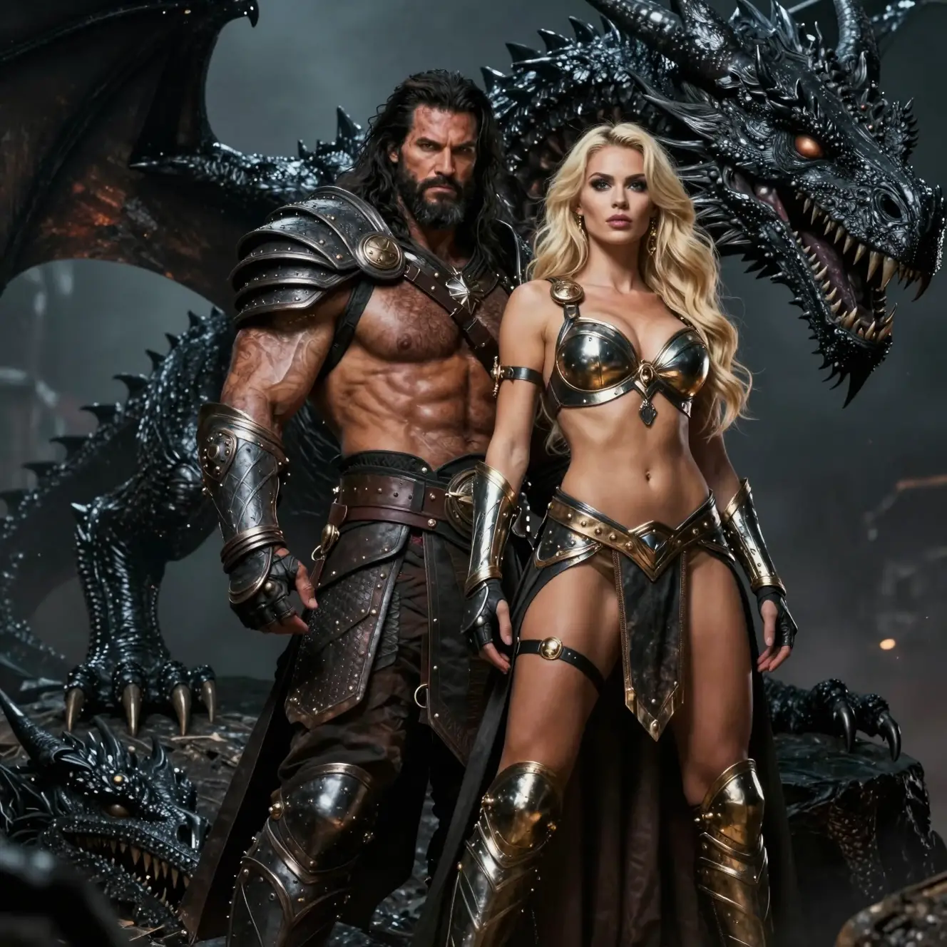 Fantasy warriors standing before a looming black dragon