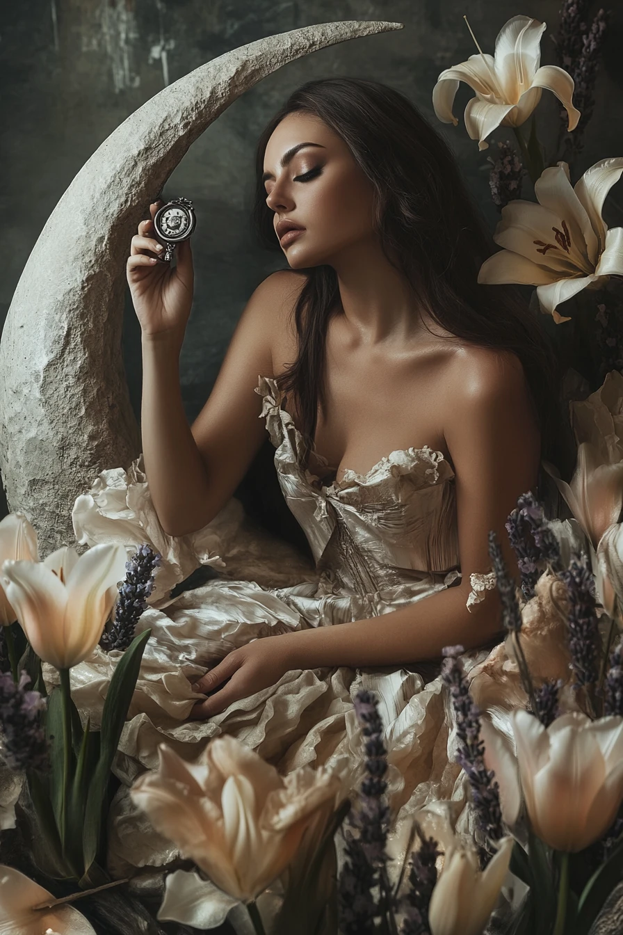 Elegant woman posing on crescent moon in surreal candlelit scene