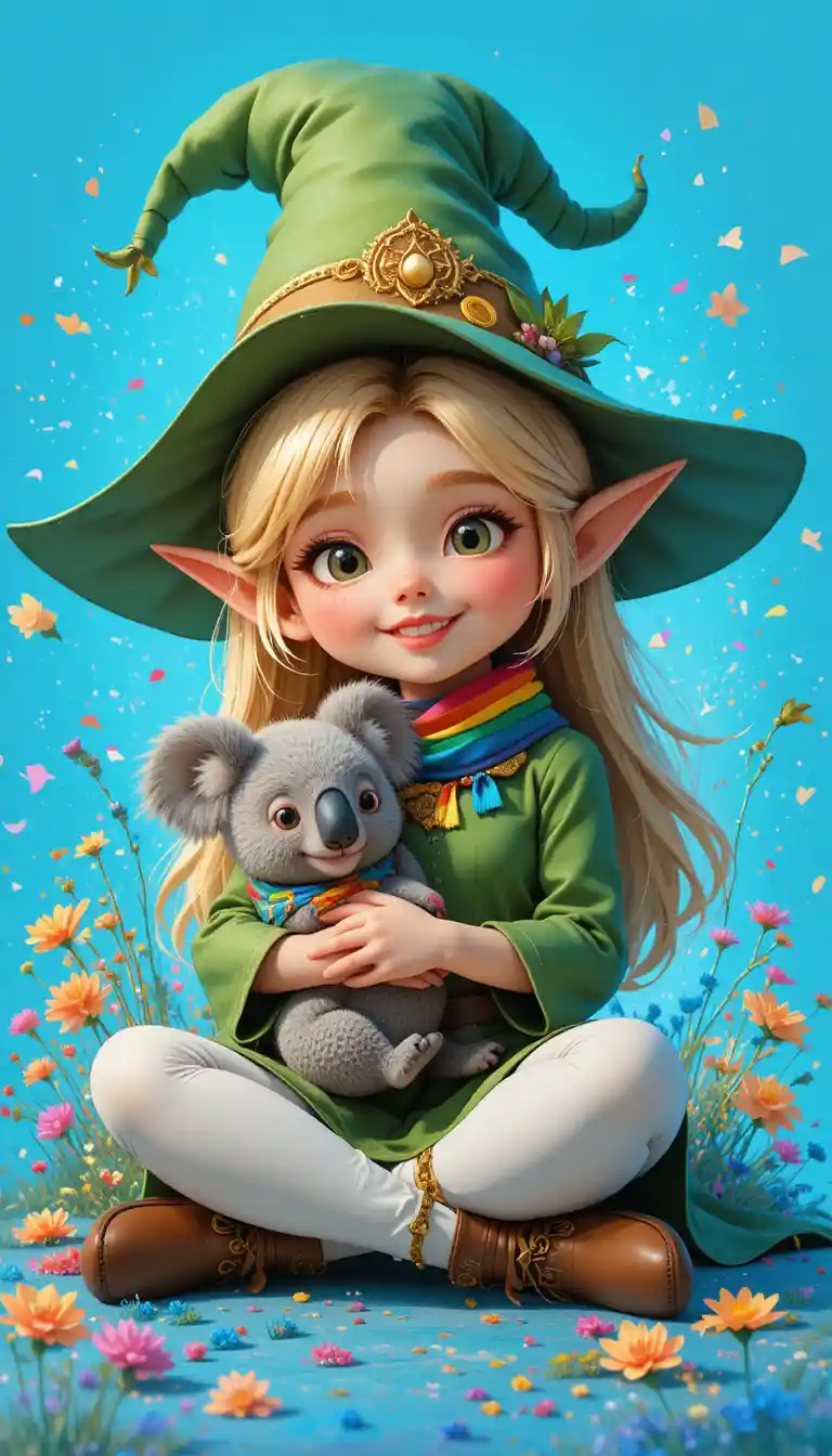 Elf girl cuddling koala with rainbow scarf