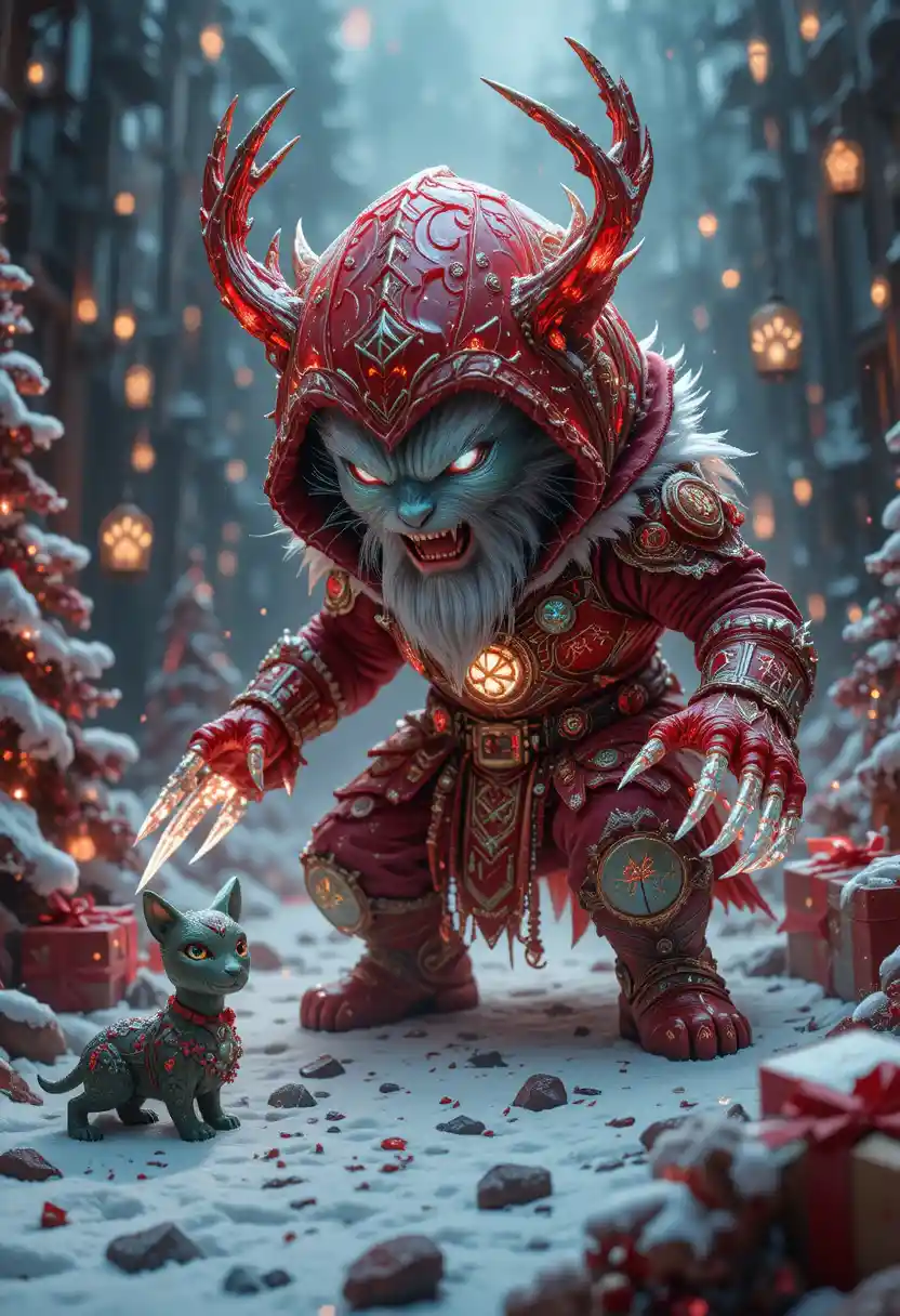 Runic crystal tabby cat warrior in red hooded armor
