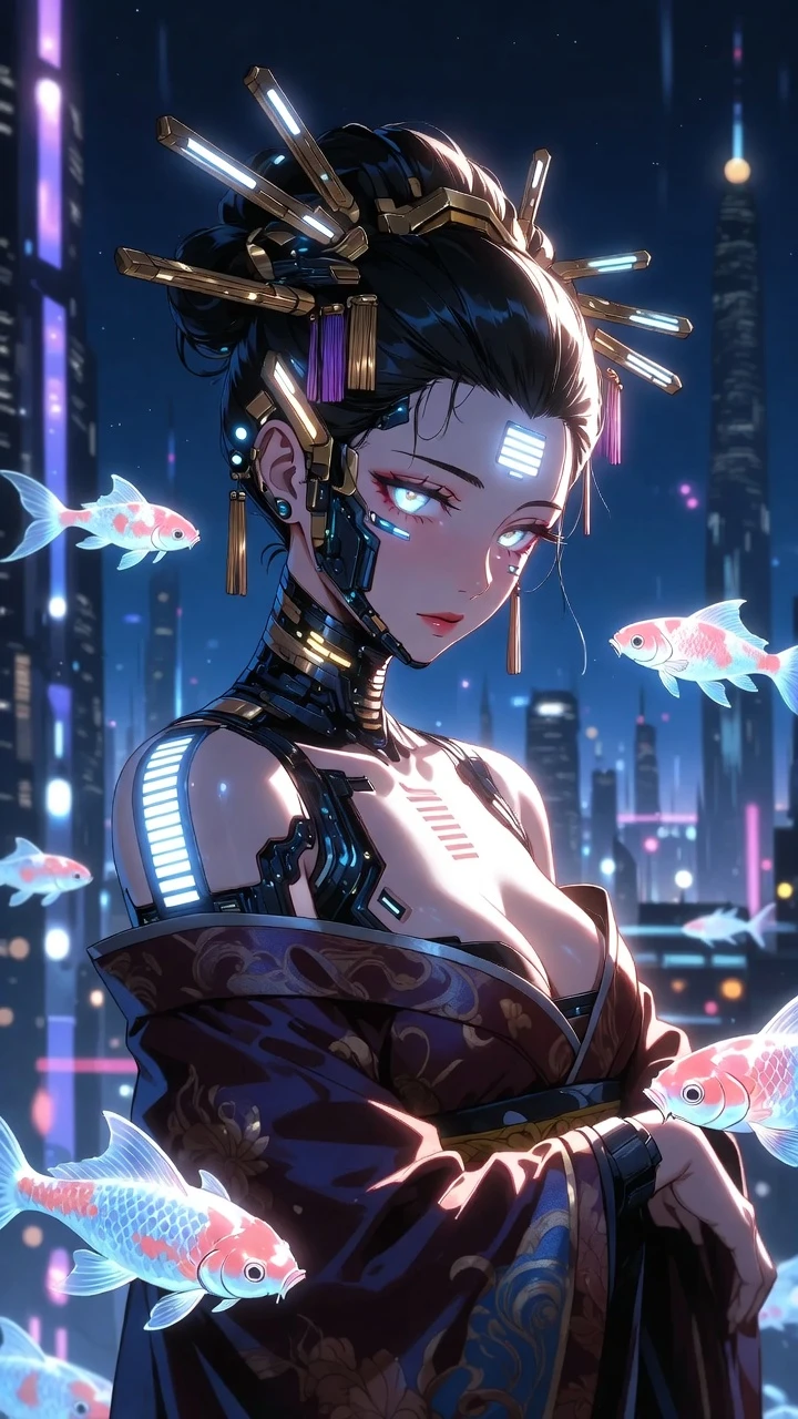 Futuristic bionic geisha with holographic koi at night