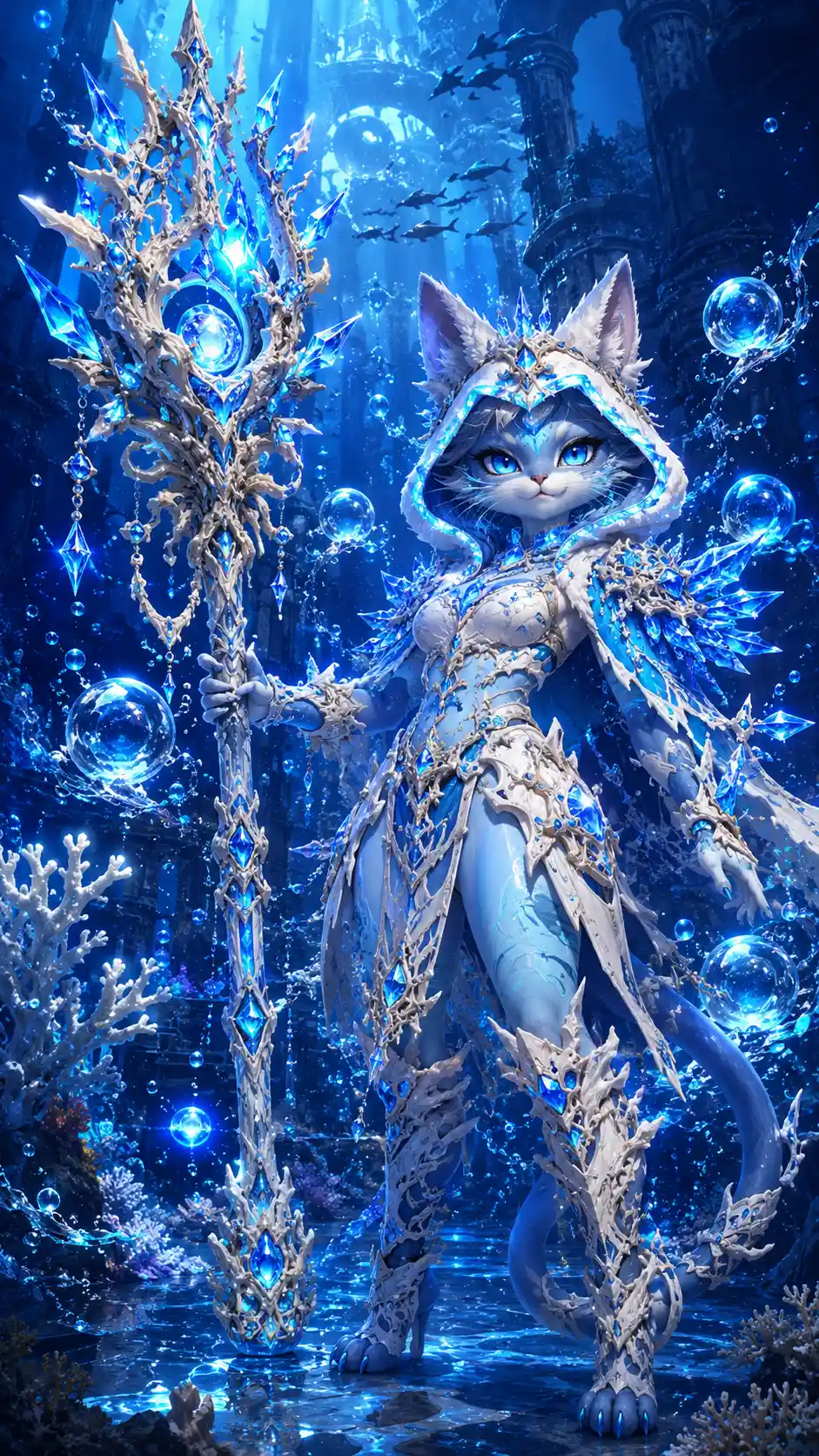 Heroic cat warrior with crystal staff in underwater ruins